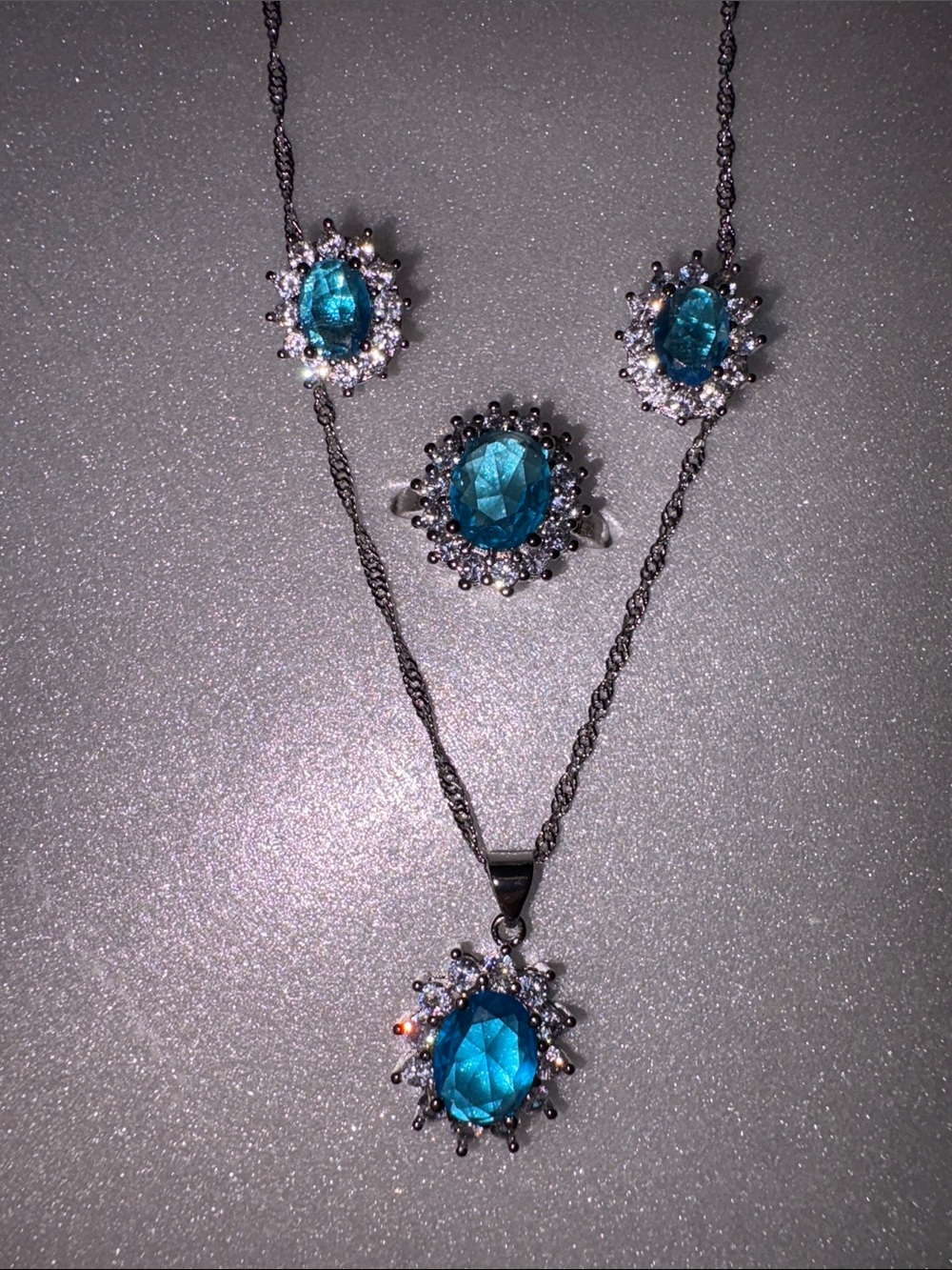 Blue Crystal Pendant Necklace and Earring Set - Elegant Women's Jewelry RING 6
